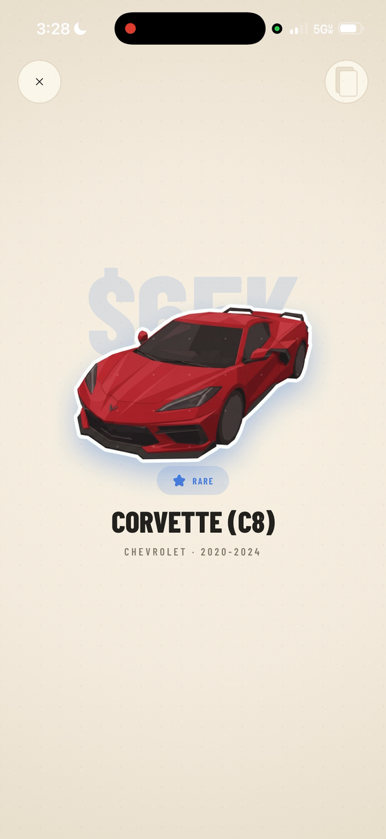 The Blindspot reveal screen: a die-cut Corvette C8 sticker marked Rare, valued at 65,000 dollars.